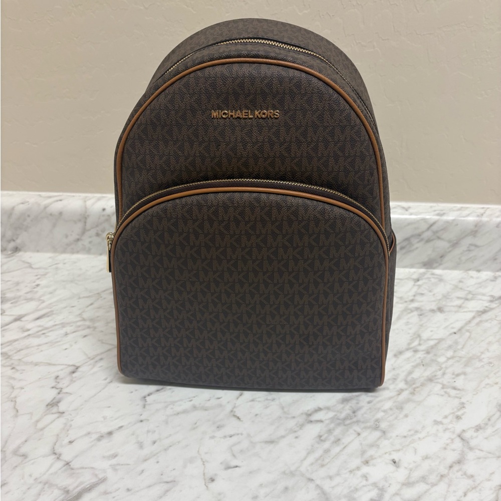 Michael Kors Dark Brown MK Monogram Backpack with Tan Trim